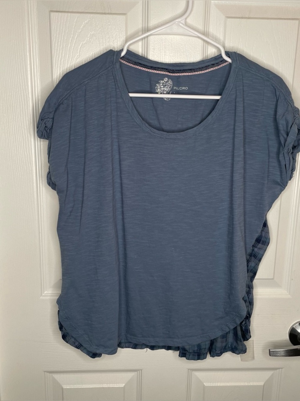 Pilcro Mixed Media Cotton Plaid Back Cap Sleeve Top Boho Flowy in Blue S